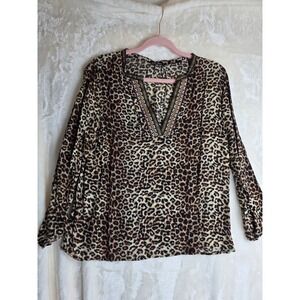 West‎ 36th Leopard Print V Neck Tunic Top Women's Long Sleeve Embellished